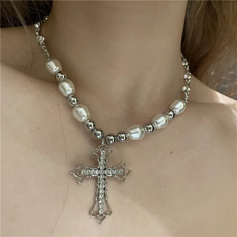 Vintage Pearl Diamond Cross Pendant Collarbone Chain Necklace