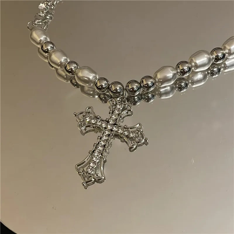 Vintage Pearl Diamond Cross Pendant Collarbone Chain Necklace