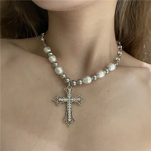 Vintage Pearl Diamond Cross Pendant Collarbone Chain Necklace