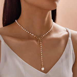 Vintage Beaded Choker Bow Pearl Pendant Necklace for Women