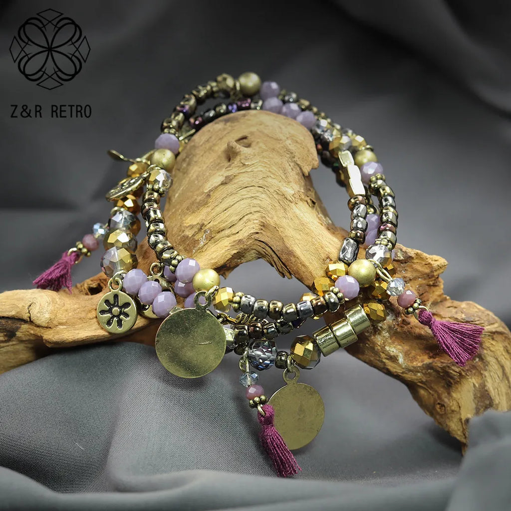 Vintage Beads Bracelet & Bangle with Tassel Pendants
