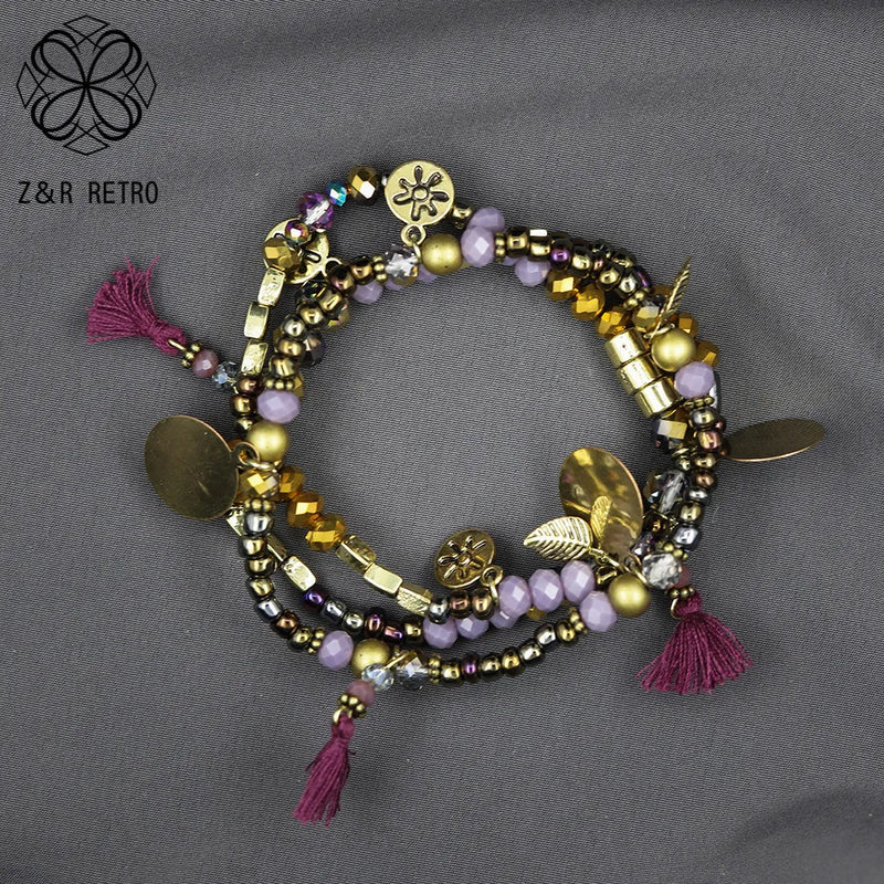 Vintage Beads Bracelet & Bangle with Tassel Pendants