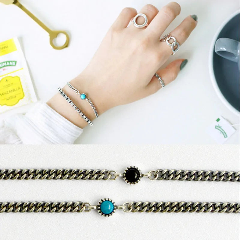 925 Silver Turquoise & Agate Chain Bracelet for Women