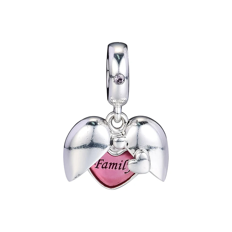 Vintage Silver Beads Family Heart Charms for Bracelets DIY Jewelry Making
