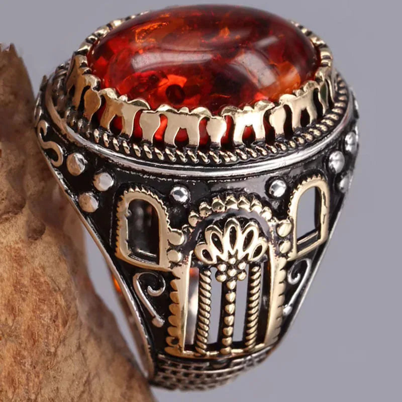 Vintage Agate Stone Ring Yellow Red Zircon Ant Ring Wedding Band Jewelry