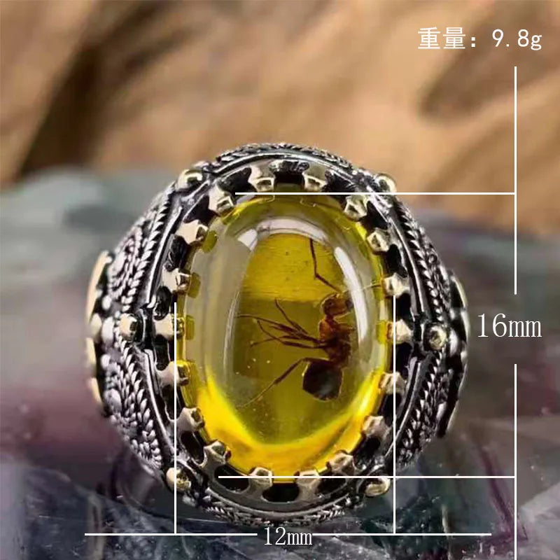 Vintage Agate Stone Ring Yellow Red Zircon Ant Ring Wedding Band Jewelry