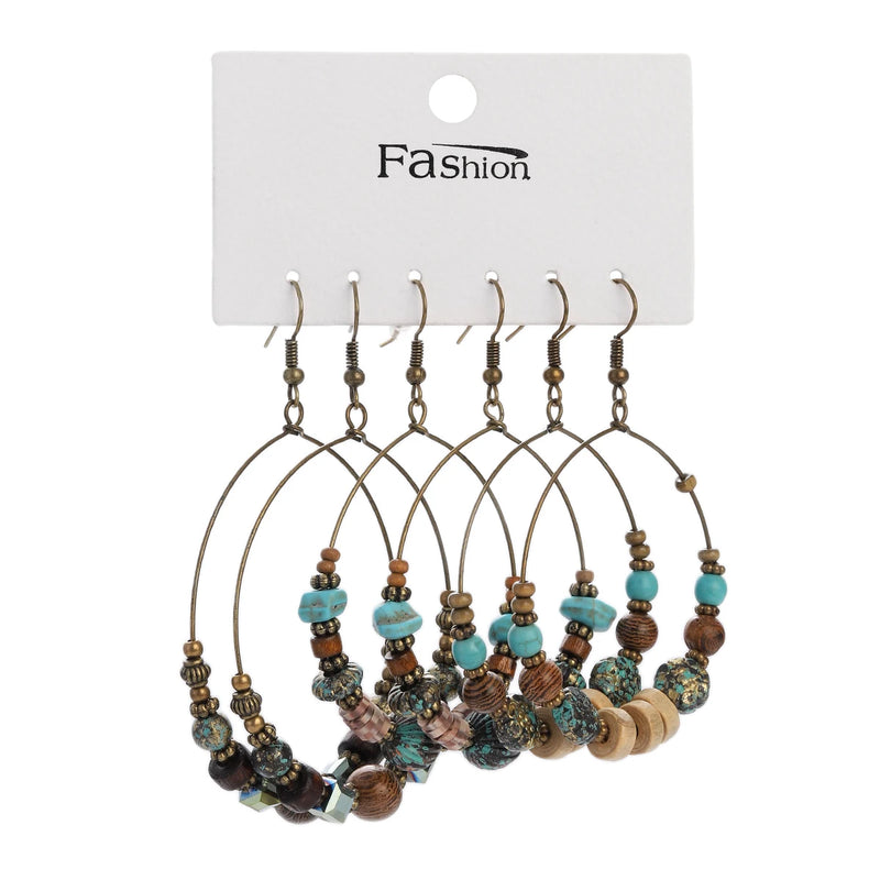 Vintage Circle Dangle Earrings Antique Plated Turquoises Beads Ethnic Jewelry