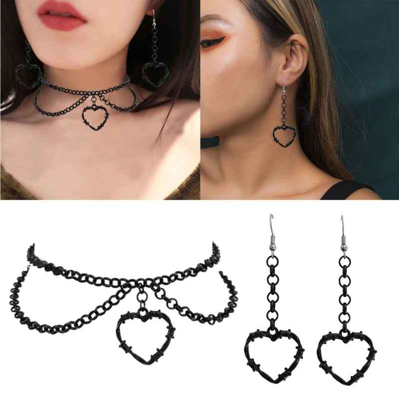 Vintage Barbed Wire Chokers Necklace Heart Pendant Earrings