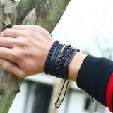 Vintage Bead Bracelet Men Triangle Leather Wide Wrap Jewelry