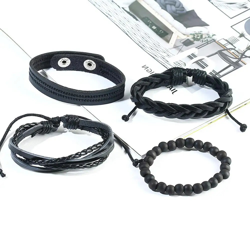 Vintage Bead Bracelet Men Triangle Leather Wide Wrap Jewelry