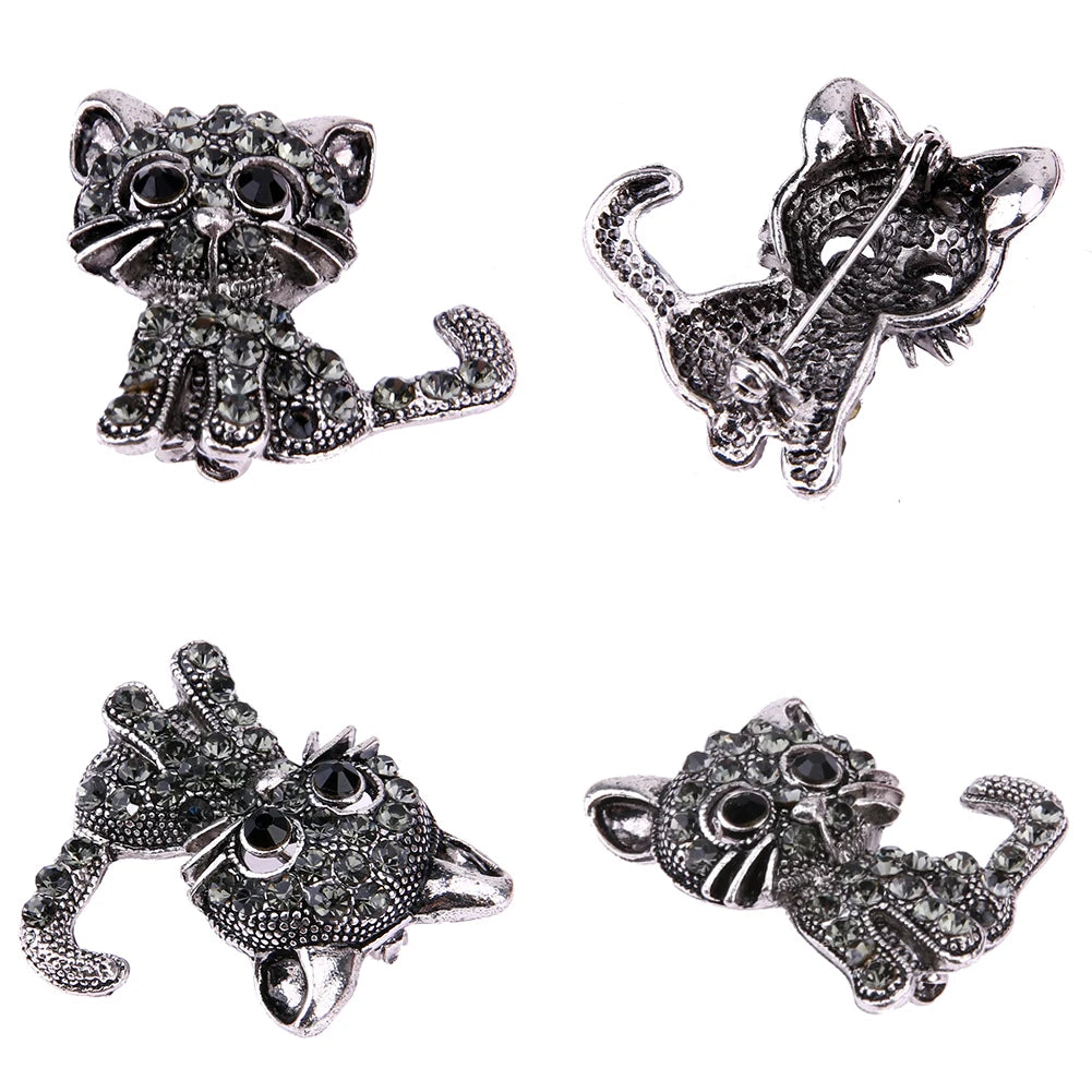Vintage Crystal Cat Brooch Pins 28x31x3mm Women Brooch
