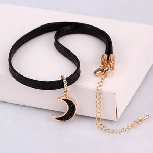 Vintage Leather Choker Necklace Rhinestone Moon Pendant Necklaces