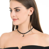 Vintage Leather Choker Necklace Rhinestone Moon Pendant Necklaces