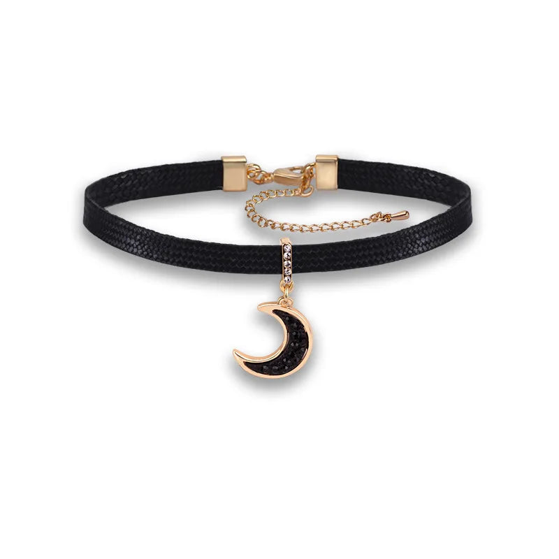 Vintage Leather Choker Necklace Rhinestone Moon Pendant Necklaces