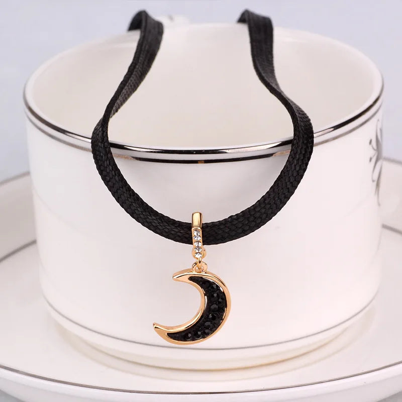Vintage Leather Choker Necklace Rhinestone Moon Pendant Necklaces