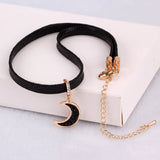 Vintage Leather Choker Necklace Rhinestone Moon Pendant Necklaces