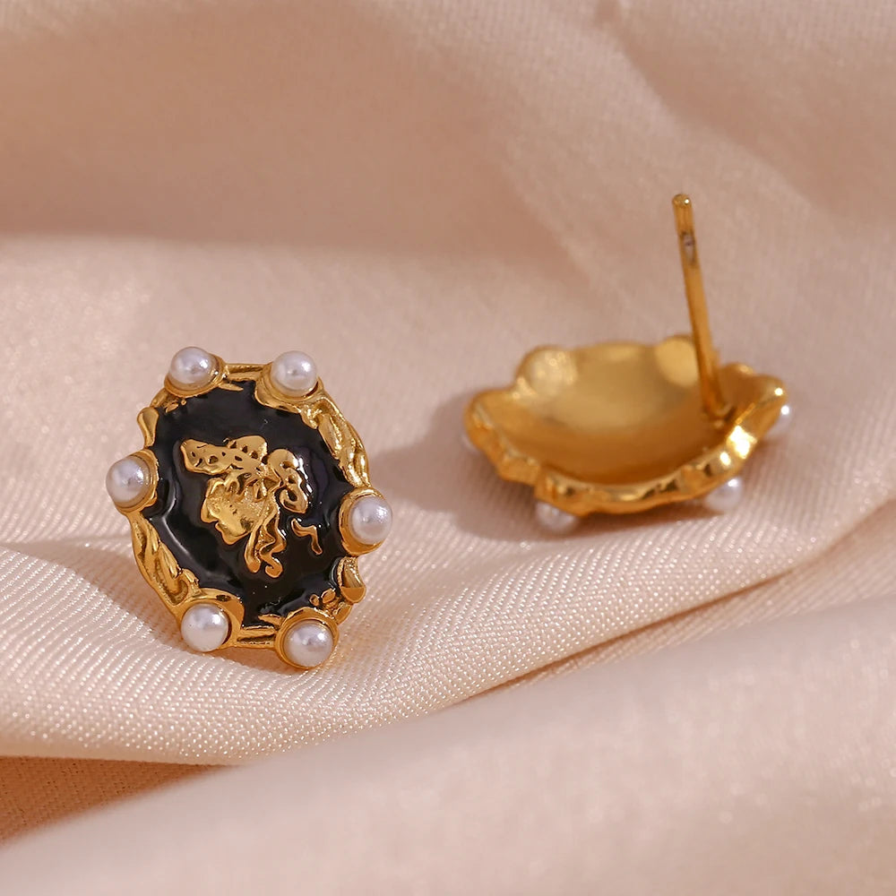 Vintage Oval Shape Pearl Portrait Stud Earring Jewelry For Ladies
