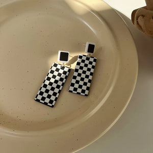 Vintage Metal Acrylic Checkerboard Earrings Geometric Heart Square Pendant