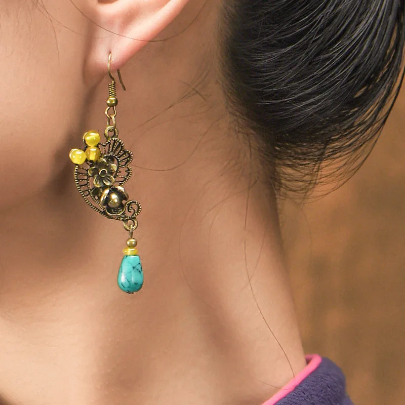 Vintage Cloisonne Flower Drop Earrings Ethnic Jewelry