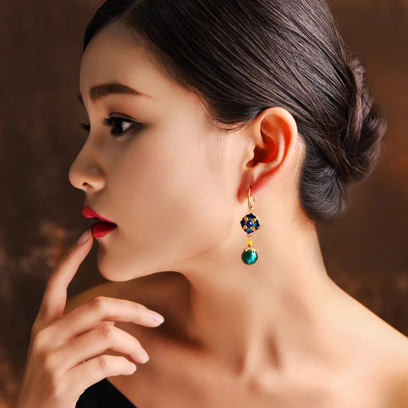 Vintage Cloisonne Flower Drop Earrings Ethnic Jewelry