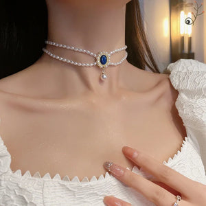 Vintage Crystal Choker Necklace Double Layer Pearl Wedding Jewelry
