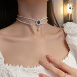 Vintage Crystal Choker Necklace Double Layer Pearl Wedding Jewelry