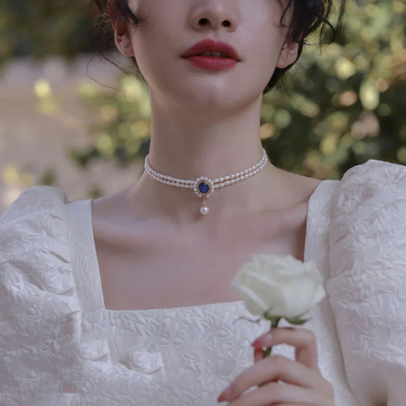 Vintage Crystal Choker Necklace Double Layer Pearl Wedding Jewelry