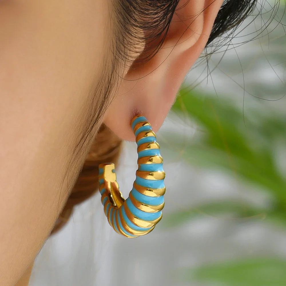 Vintage Enamel Croissant Hoop Earrings Stainless Steel C Shape Party Jewelry