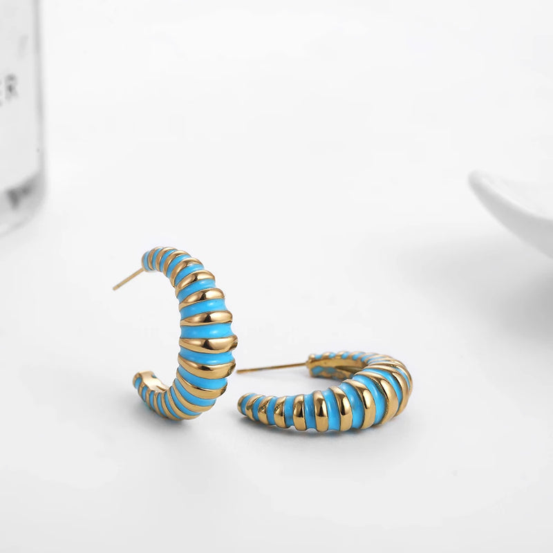 Vintage Enamel Croissant Hoop Earrings Stainless Steel C Shape Party Jewelry