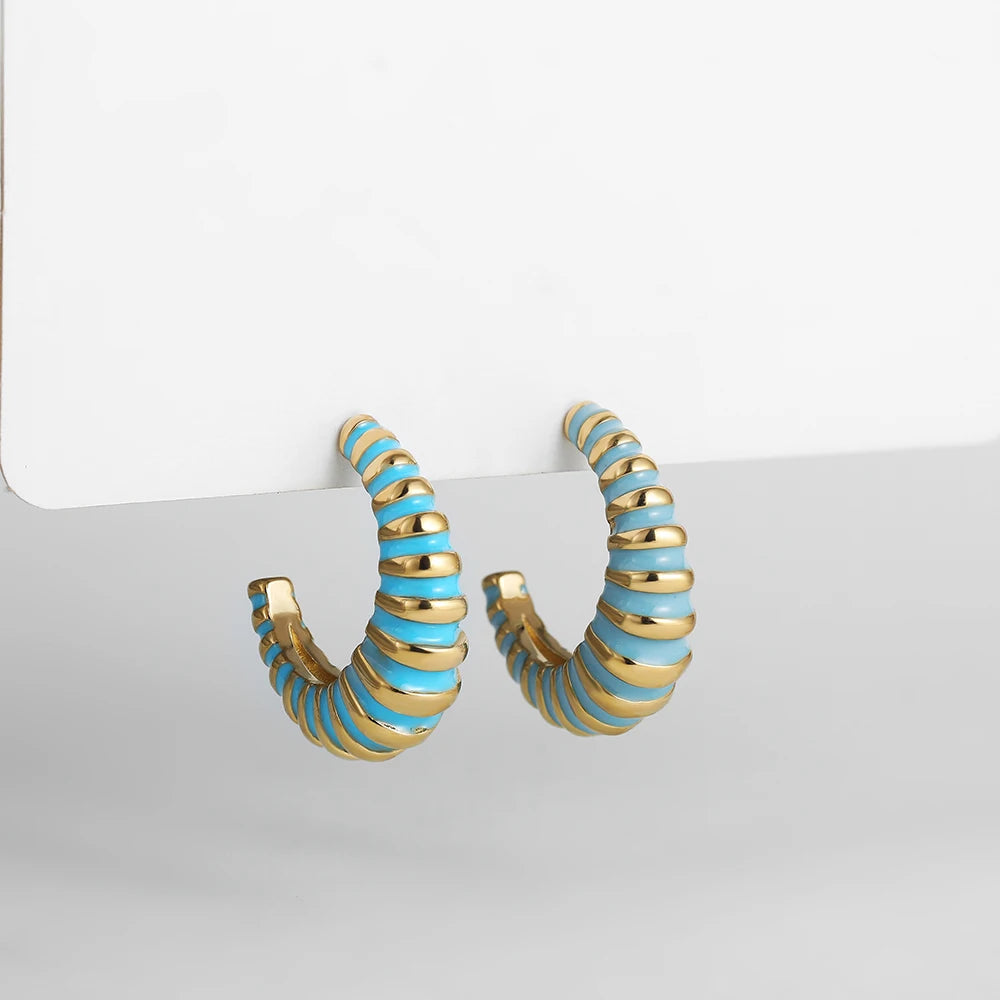 Vintage Enamel Croissant Hoop Earrings Stainless Steel C Shape Party Jewelry
