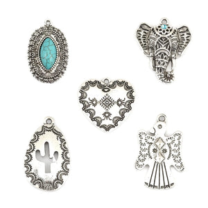 Boho Charms Heart Oval Carved Silver Pendants DIY Necklace