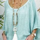 Boho Ethnic Wood Beads Tassel Necklace Peace Symbol Stone Long Necklace