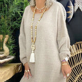 Boho Ethnic Wood Beads Tassel Necklace Peace Symbol Stone Long Necklace