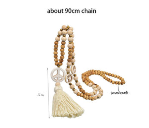 Boho Ethnic Wood Beads Tassel Necklace Peace Symbol Stone Long Necklace