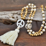 Boho Ethnic Wood Beads Tassel Necklace Peace Symbol Stone Long Necklace