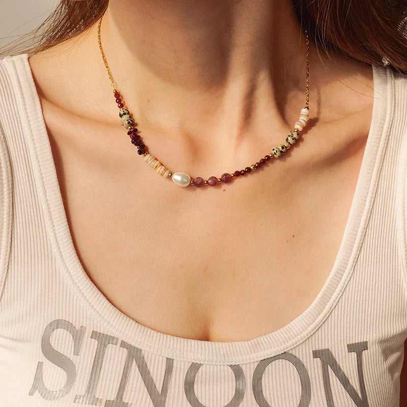 Bohemian Natural Pearl Necklace Women Stainless Steel Stone Beads Jewelry