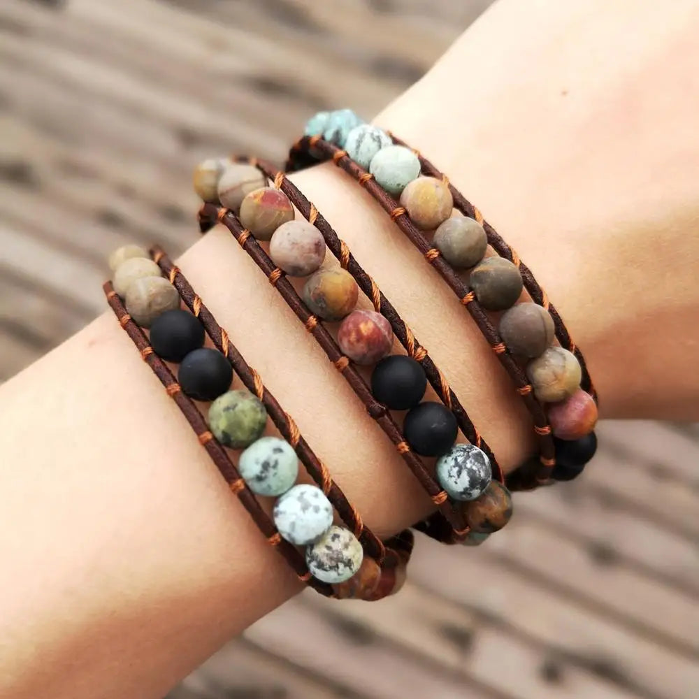 Vintage Boho Wrap Rope 7 Chakra Bracelet Natural Stone Yoga Beads