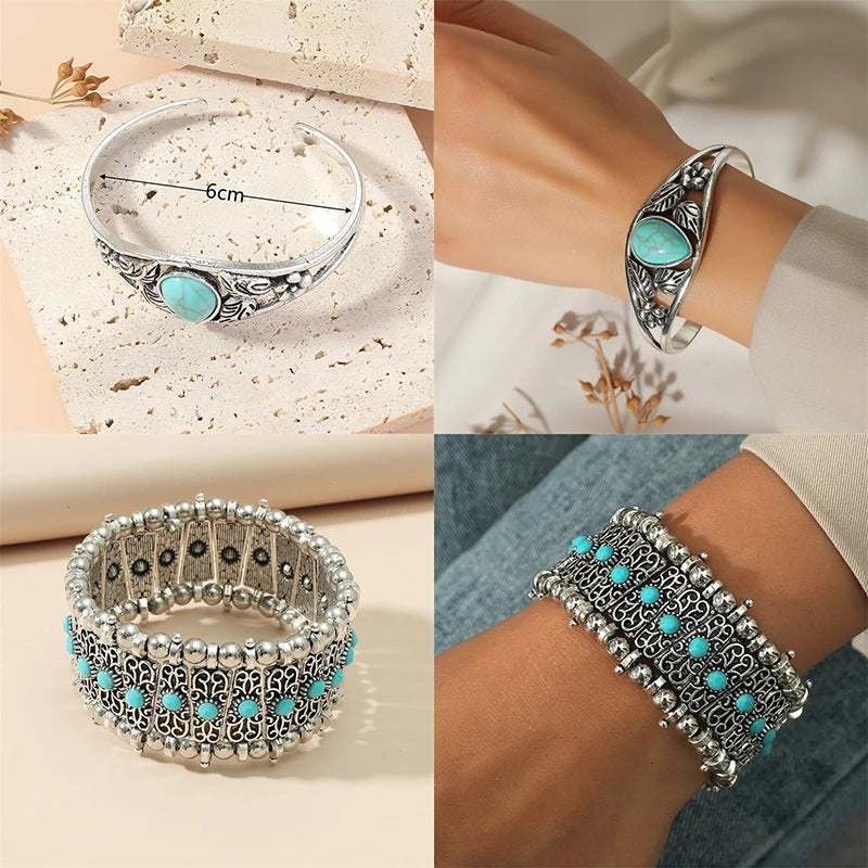 Vintage Boho Turquoise Stone Beaded Bracelet for Women Rhinestones Charm Bangle