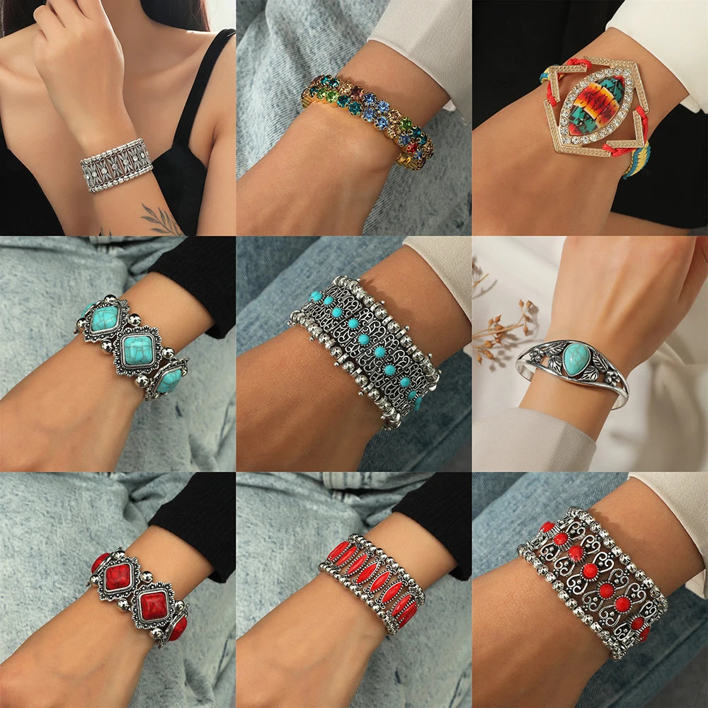 Vintage Boho Turquoise Stone Beaded Bracelet for Women Rhinestones Charm Bangle