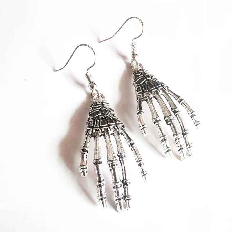 Vintage Bone Hand Pendant Earrings Zinc Alloy Halloween Jewelry