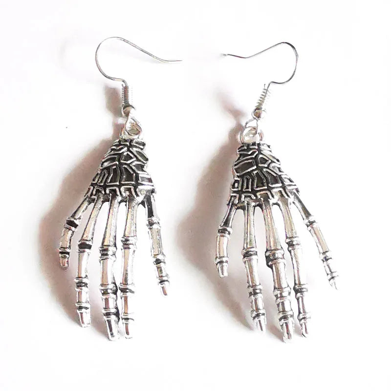 Vintage Bone Hand Pendant Earrings Zinc Alloy Halloween Jewelry