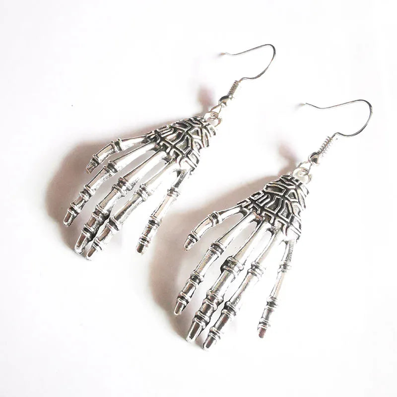 Vintage Bone Hand Pendant Earrings Zinc Alloy Halloween Jewelry
