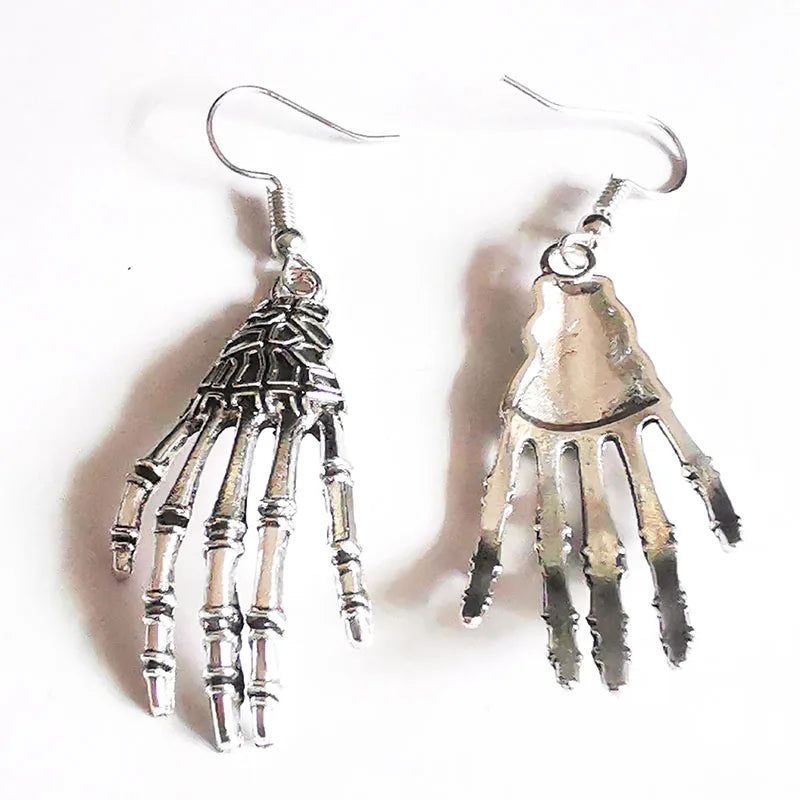 Vintage Bone Hand Pendant Earrings Zinc Alloy Halloween Jewelry