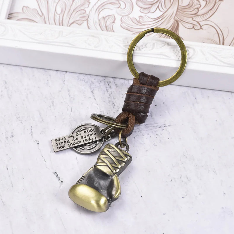 Vintage Boxing Gloves Cowhide Keychain Handwoven Car Key Pendant
