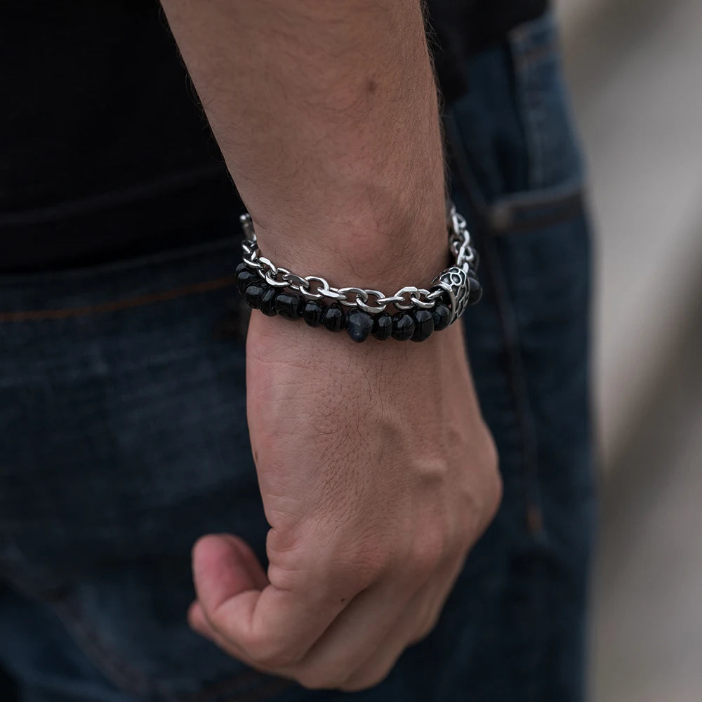Vintage Stone Bead Bracelet for Men Multilayer Boho Jewelry