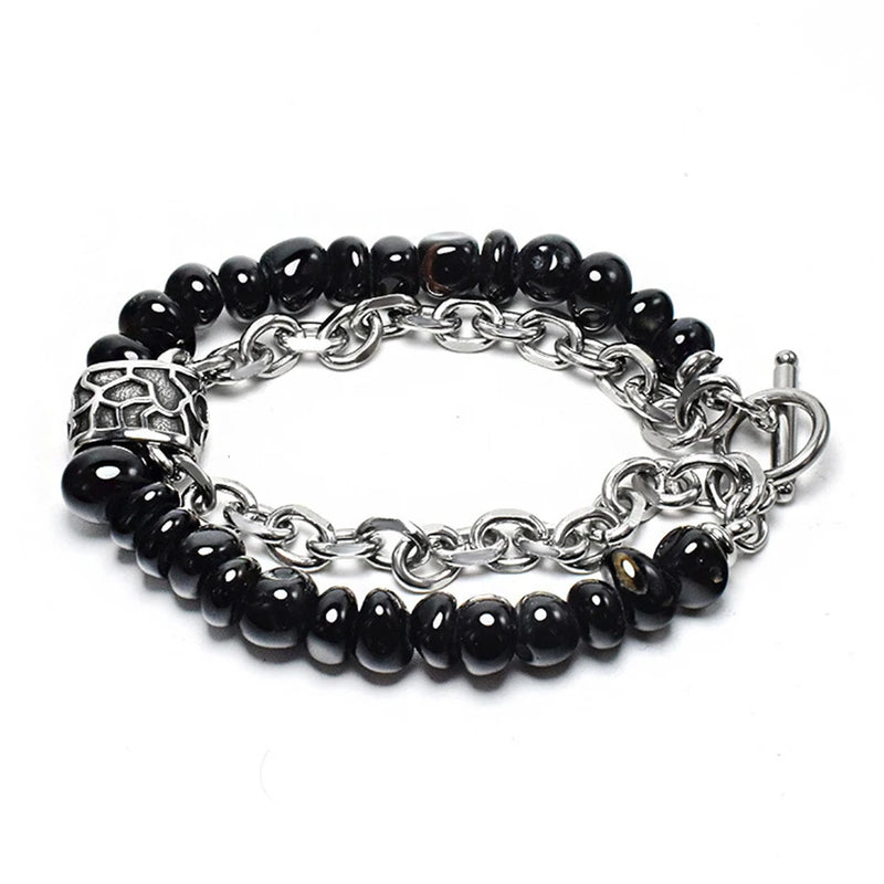 Vintage Stone Bead Bracelet for Men Multilayer Boho Jewelry