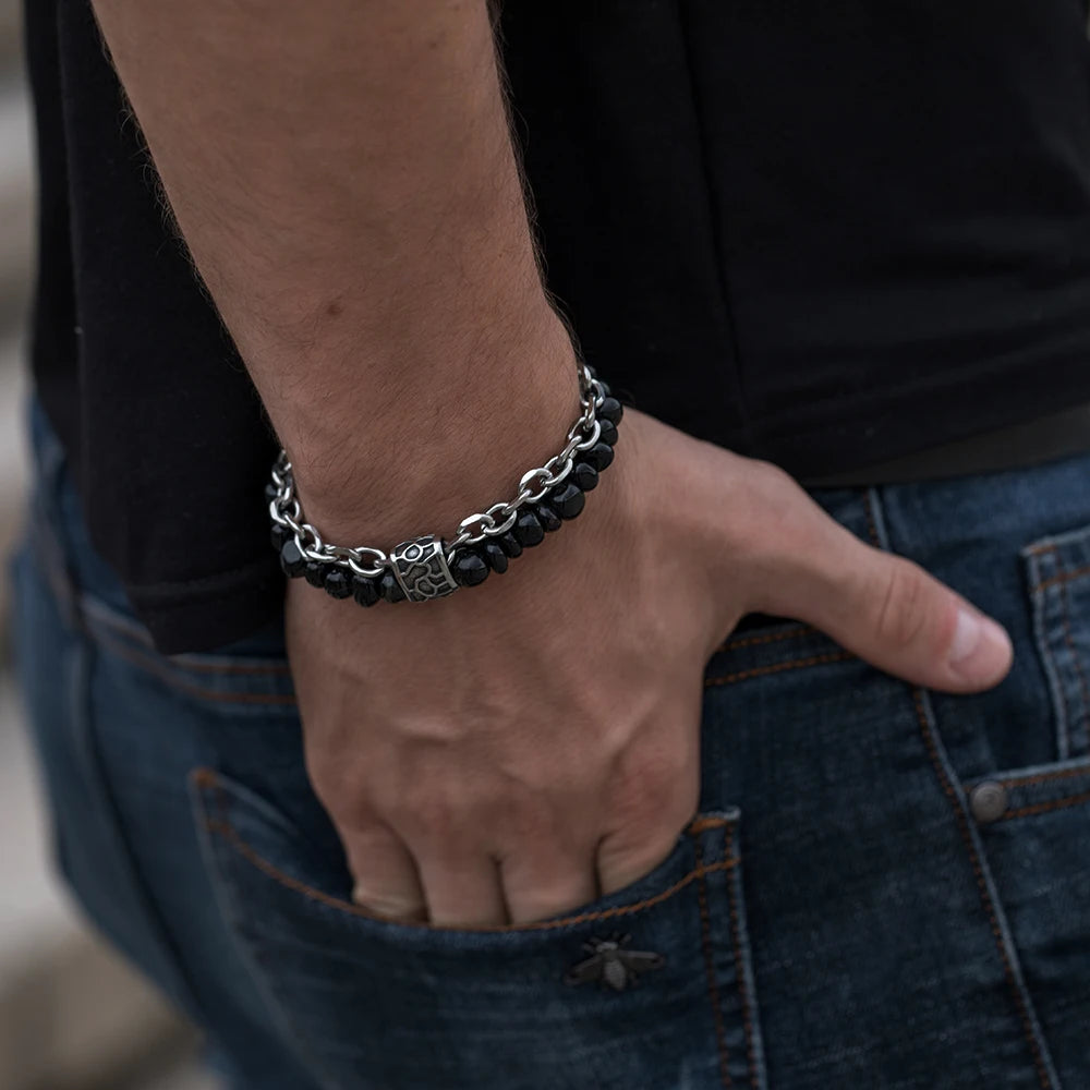 Vintage Stone Bead Bracelet for Men Multilayer Boho Jewelry
