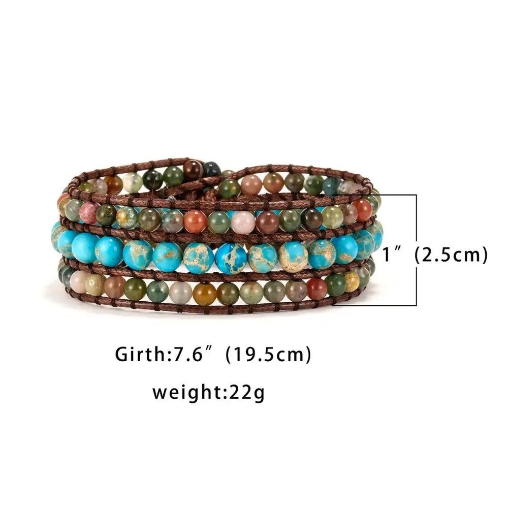 Vintage Braid Bracelets Natural Stone Round Beads Leather Wrap Bracelet