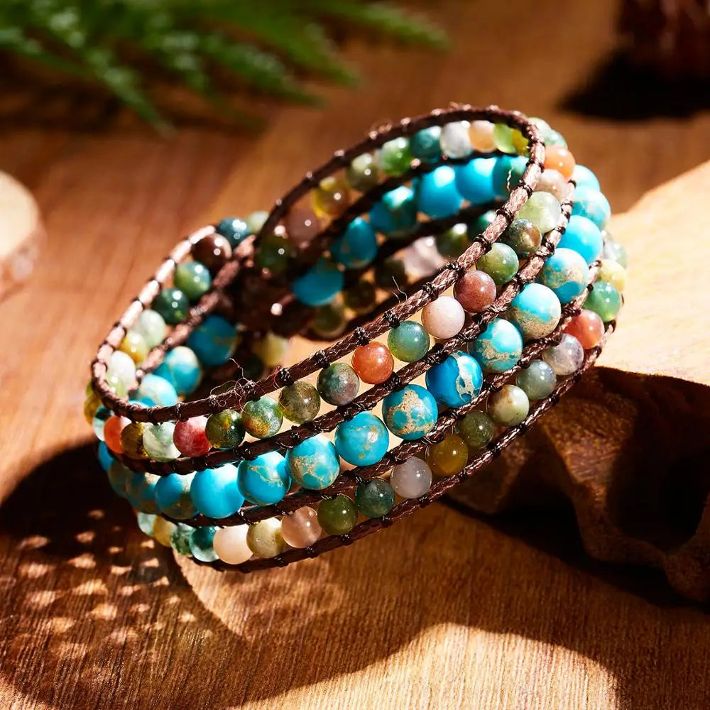 Vintage Braid Bracelets Natural Stone Round Beads Leather Wrap Bracelet