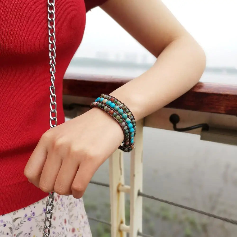 Vintage Braid Bracelets Natural Stone Round Beads Leather Wrap Bracelet